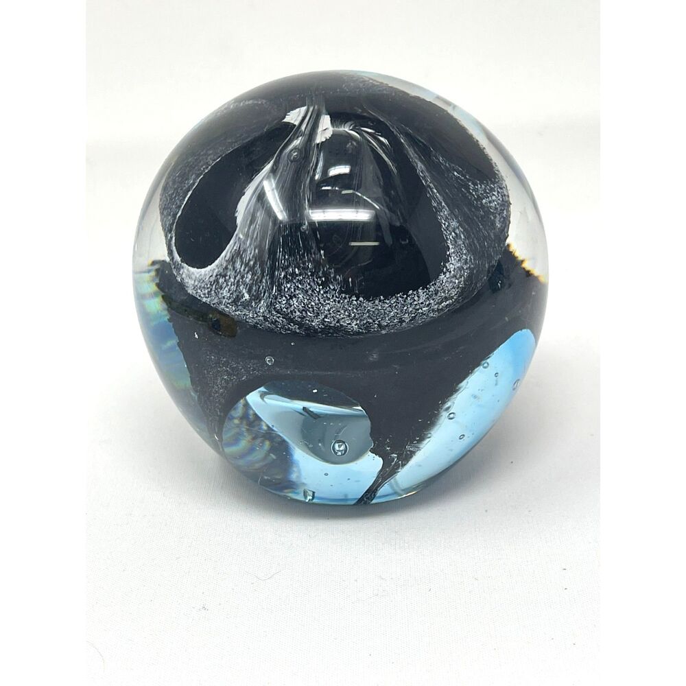 Large Galaxy Blue Paperweight Glass Sphere 4" Vintage Blacklight Glows
